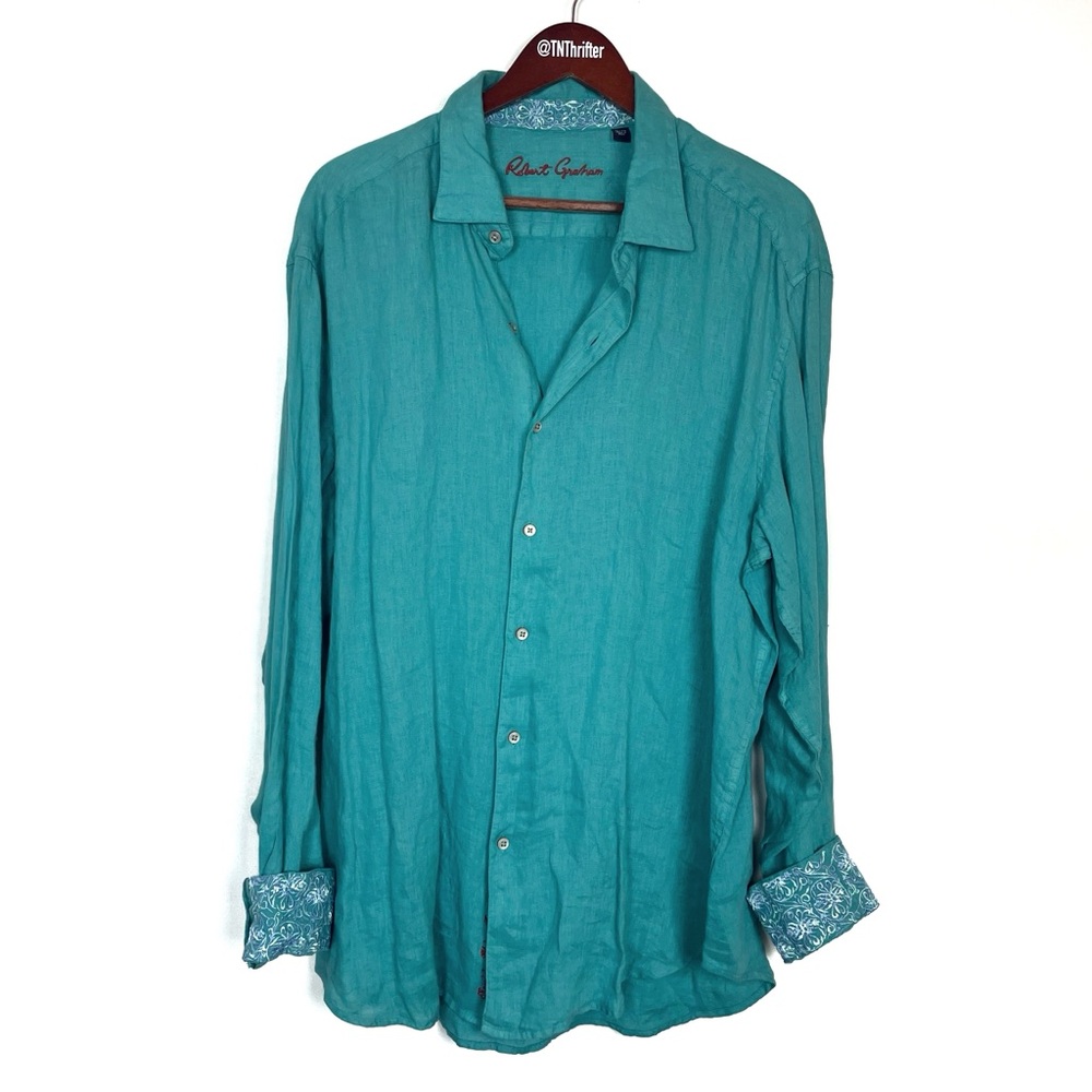 Robert Graham 100% Linen Embroidered Flip Cuff Blue Men's Button-Up Shirt Sz XL